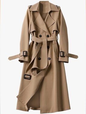 new Classic Double-Breasted Belted Long Camel Trench Coat, Full-Length